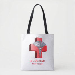 Caduceus Medical Silver 3D Cross Red Tote Bag