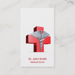 Caduceus Medical Silver 3D Cross Red Visitekaartje