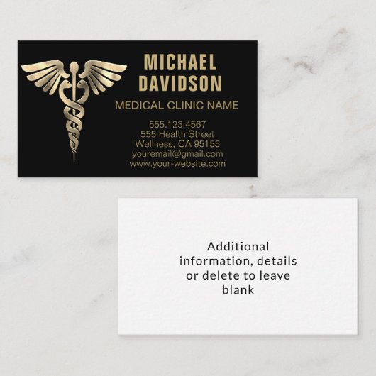 Caduceus Medical Symbool - Goud, Zwart, Witte Busi Visitekaartje (Voorkant / Achterkant)