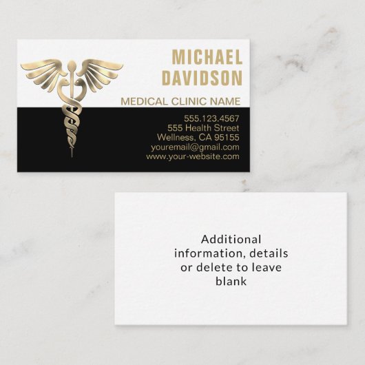 Caduceus Medical Symbool - Goud, Zwart, Witte Busi Visitekaartje (Voorkant / Achterkant)