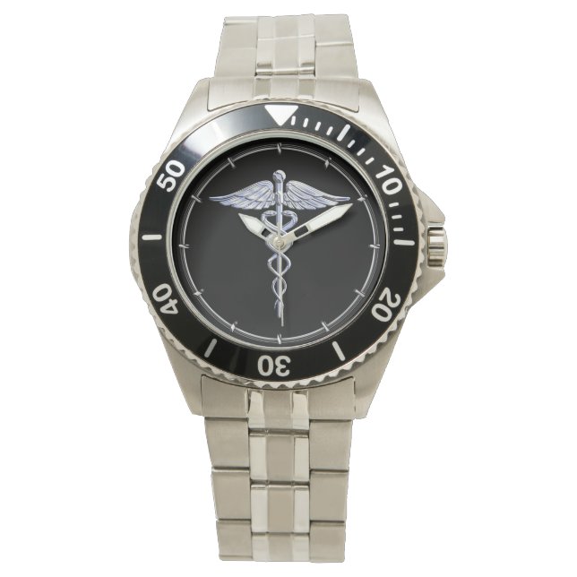 Caduceus Medical Symbool op zwart Horloge (Voorkant)
