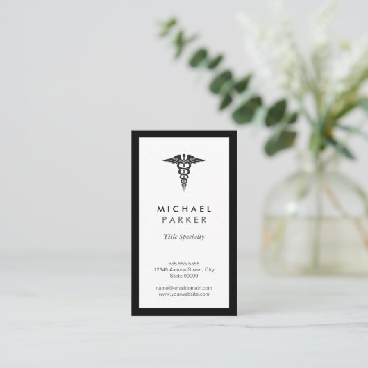 Caduceus Medical Symbool - Retro Black en White Visitekaartje (Staand voorkant)