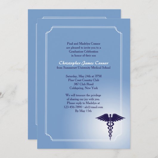 Caduceus Medische Zorg Blauwe Afstudeeruitnodiging Kaart (Voorkant / Achterkant)