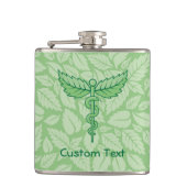Caduceus met Bladeren Achtergrond Fles Heupfles (Voorkant)