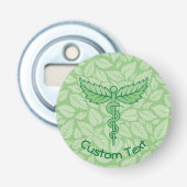 Caduceus met Bladeren Achtergrond Flesopener Button Flesopener (Voorkant)