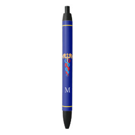 Caduceus & Monogram op Blauwe Achtergrond Zwarte Inkt Pen