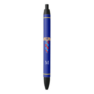 Caduceus & Monogram op Blauwe Achtergrond Zwarte Inkt Pen