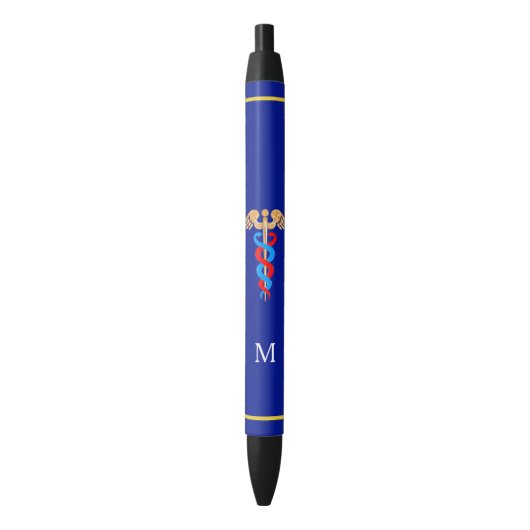 Caduceus & Monogram op Blauwe Achtergrond Zwarte Inkt Pen (Voorkant Verticaal)