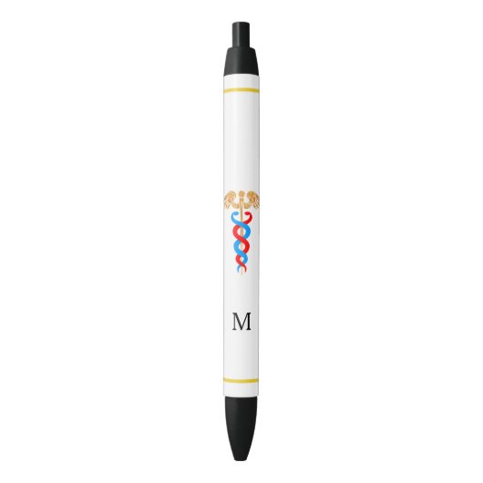 Caduceus & Monogram op Witte Achtergrond Zwarte Inkt Pen (Voorkant Verticaal)