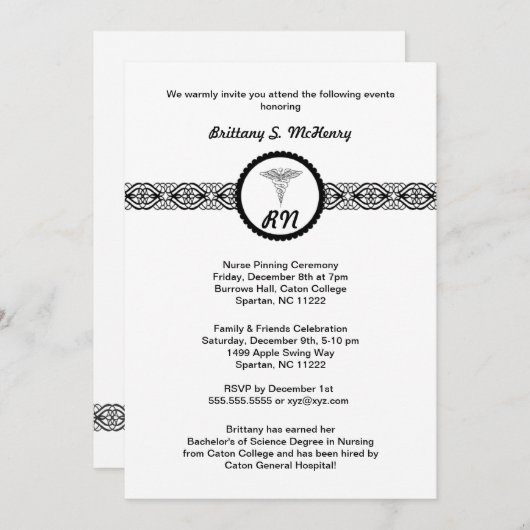 Caduceus Nurse Afstuderen Invite Black & White RN Kaart (Voorkant / Achterkant)