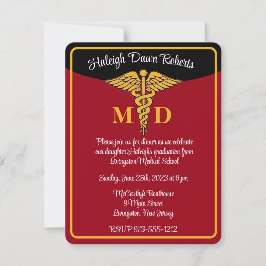 Caduceus Red/Gold/Black Medical School Afstuderen Kaart (Voorkant)