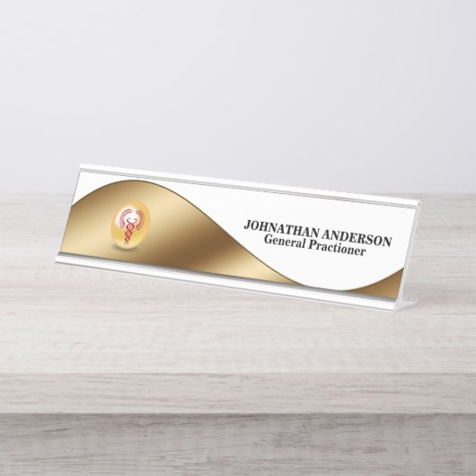 Caduceus red gold desktop name dokter chirurg bureau naambordje (Voorkant)