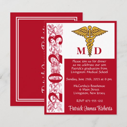 Caduceus Red & White Medical School Afstuderen Kaart (Voorkant / Achterkant)