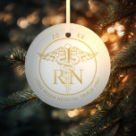 Caduceus RN Medical Unit Gold Glass Ornament<br><div class="desc">Pas de achtergrondkleur en tekst aan op de bovenste/onderste tekst op deze faux glitter caduceus en RN.</div>