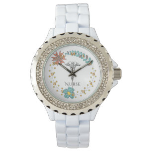 Caduceus Symbol Floral Boho   Nurses Nursing Horloge