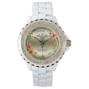 Caduceus Symbol Floral   Nurses Nursing Gold Horloge