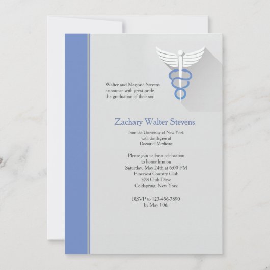 Caduceus Symbool Blauwe Trim Afstuderen Uitnodigin Kaart (Voorkant)