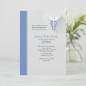 Caduceus Symbool Blauwe Trim Afstuderen Uitnodigin Kaart (Staand voorkant)