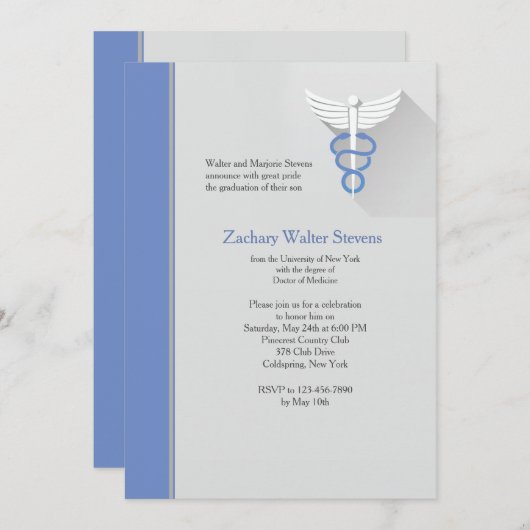 Caduceus Symbool Blauwe Trim Afstuderen Uitnodigin Kaart (Voorkant / Achterkant)