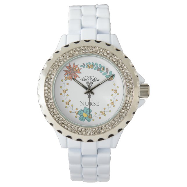 Caduceus symbool Floral Boho | RN Verpleegkundigen Horloge (Voorkant)