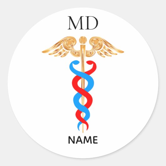 Caduceus-symbool & monogram voor artsen ronde sticker (Voorkant)