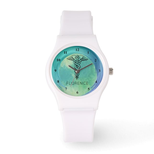 Caduceus-symbool | Verpleegkundigen RN Aqua Green Horloge (Voorkant)