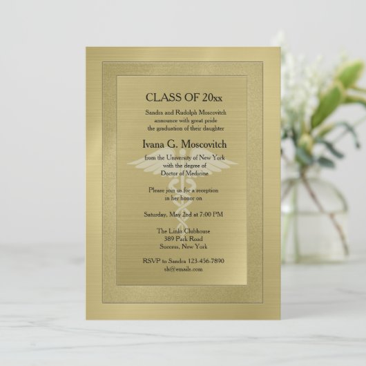 Caduceus Watermerk Gold Medisch Afstuderen Uitnodi Kaart (Staand voorkant)