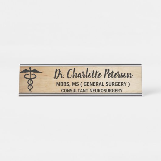 Caduceus Wooden Doctors Bureau Naambordje (Voorkant)