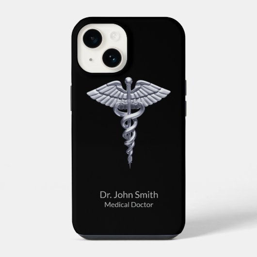 Caduceus Zilver op Zwarte Klasse Medische iPhone Hoesje (Achterkant)
