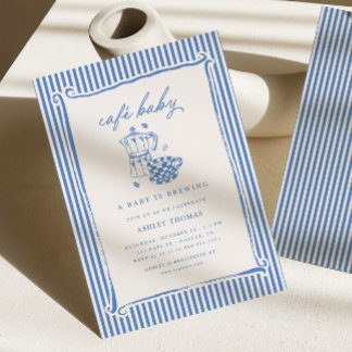 Cafe Baby Shower | Blue Stripe Baby is Brewing Kaart