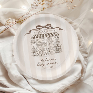 Cafe Bebe Beige Strepen Parisiaanse thema Baby Sho Papieren Bordje