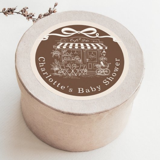 Cafe Bebe Brown Stripes Parisian theme Baby Shower Ronde Sticker