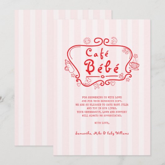 Café Bébé Frans Modern Roze Rood Meisje Baby showe Bedankkaart (Voorkant / Achterkant)