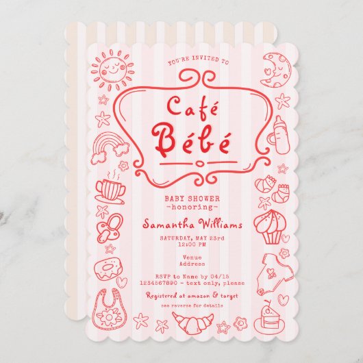 Café Bébé Frans Modern Roze Rood Meisje Baby showe Kaart (Voorkant / Achterkant)