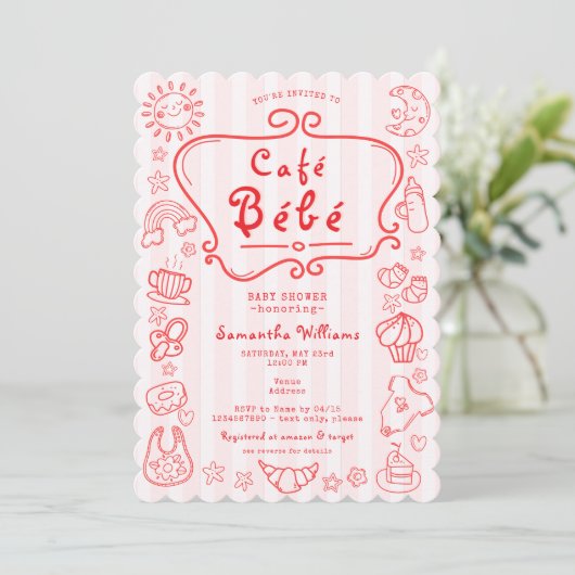 Café Bébé Frans Modern Roze Rood Meisje Baby showe Kaart (Staand voorkant)