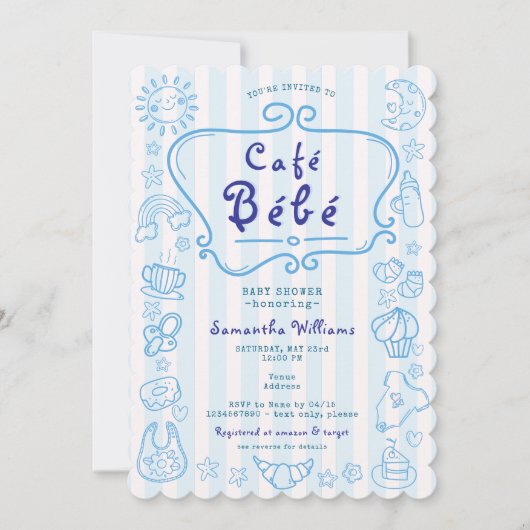 Café Bébé French Modern Blue Boy Baby shower Kaart (Voorkant)