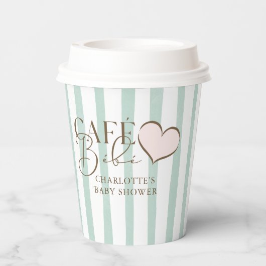 Café Bébé Mint Gestreepte koffie thema Baby shower Papieren Bekers (Achterkant)