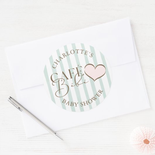 Café Bébé Mint Gestreepte koffie thema Baby shower Ronde Sticker (Envelop)
