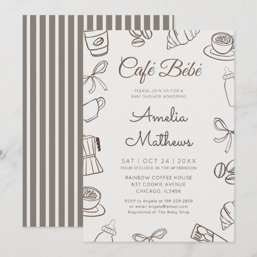 Cafe Bebe Whimsical Coffee & Bow Baby Shower  Kaart (Voorkant / Achterkant)