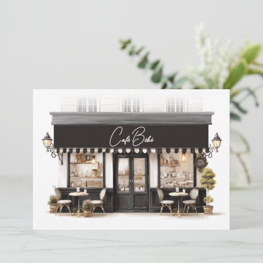 Café Bébé Zwart-wit Baby shower Bedankkaart (Staand voorkant)