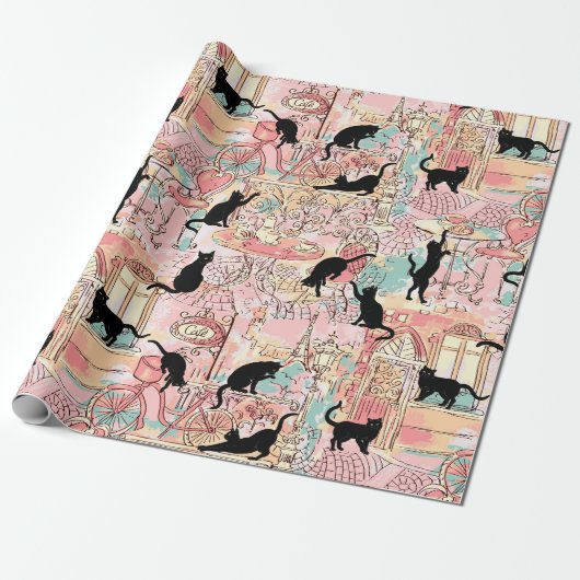 Cafe Cat Pattern (Cafe Cafe Cafe Cat Waterverf) Cadeaupapier (Uitgerold)