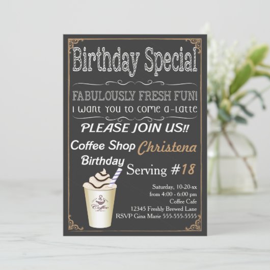 Cafe Coffee Shop Verjaardagsfeest Uitnodiging (Staand voorkant)
