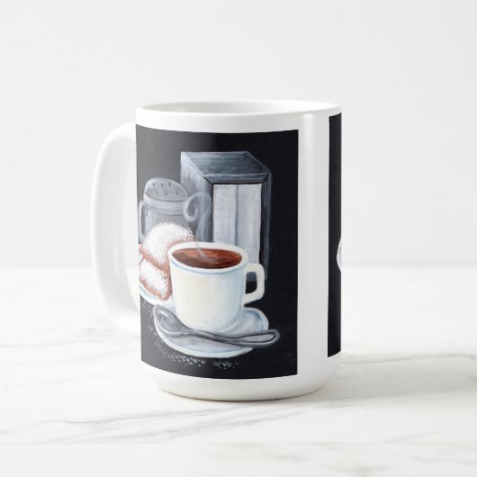 Cafe du Monde over zwarte witte Mok (Voorkant links)
