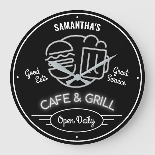 Cafe Grill Fifties Neon Effect Black White Retro Grote Klok (Voorkant)