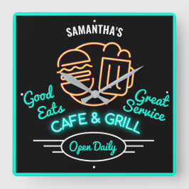  Cafe Grill Retro Fifties Green Neon Effect Name S Vierkante Klok