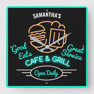 Cafe Grill Retro Fifties Green Neon Effect Name S Vierkante Klok