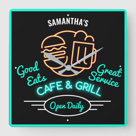 Cafe Grill Retro Fifties Green Neon Effect Name S Vierkante Klok (Voorkant)