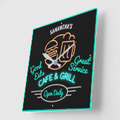 Cafe Grill Retro Fifties Green Neon Effect Name S Vierkante Klok (Hoek)