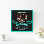 Cafe Grill Retro Fifties Green Neon Effect Name S Vierkante Klok (Huis)