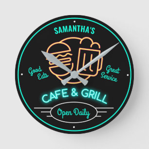 Cafe Grill Retro Fifties Neon Effect Elke naam Ronde Klok